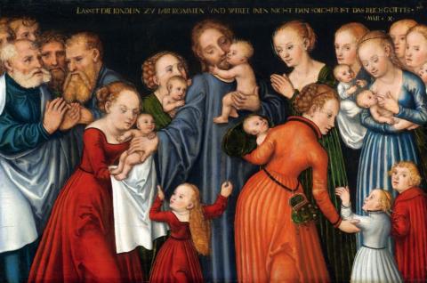 Die Segnung der Kinder (Markus 10, 13-16), ein Gemälde von Lucas Cranach dem Jüngeren, um 1540, Öl auf Holz, 49 x 74,6 cm