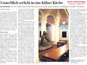 Zeitungsartikel (Kölner Stadt-Anzeiger) zu Lily Brett und zur Kirche St. Agnes (August 2013)