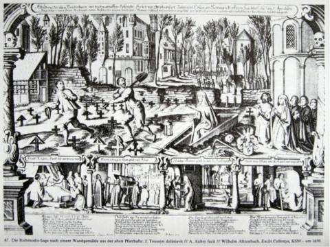 Darstellung der Legende(um 1650) in Wort und Bild, früher in der nördlichen Pfarrhalle von St. Aposteln. (Hier klicken für eine größere Bildansicht)