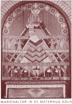 Der Wandteppich, von Frauen aus dem Gemeinde gefertigt, hing früher im Chorbereich. ©AEK, Pfa Köln, St. Maternus