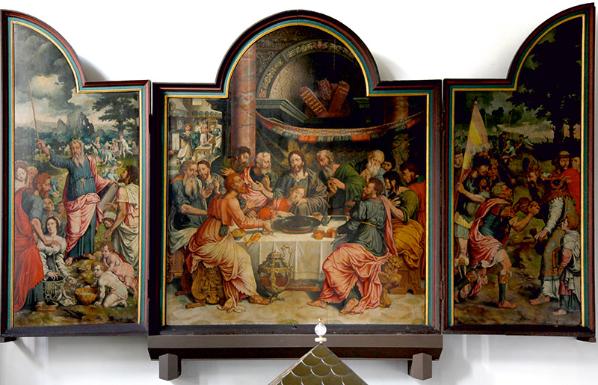 Eucharistie heißt Danksagung, ist Erinnerung und Feier des Abendmahls. Das um 1550 entstandene Abendmahlsbild des
Kölner Malers Barthel Bruyn ist eines der interessantesten und wichtigsten Objekte der Kirchenausstattung von St. Severin.